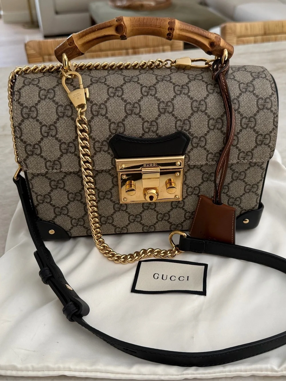 Gucci Bamboo Top Handle GG Supreme Satchel in Beige and Black